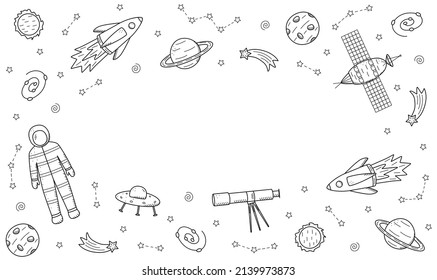 Cosmos doodle is a set of vector illustrations. Frame icons of space elements rocket cosmonaut stars satellite telescope comet