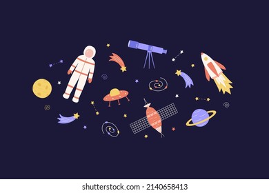 Cosmos doodle is a set of vector illustrations. Icons of space elements rocket cosmonaut stars satellite telescope comet