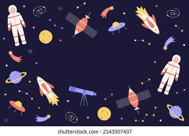 El doodle Cosmos es un conjunto de ilustraciones vectoriales. Iconos de elementos espaciales cohetes estrellas cosmonautas cometa telescopio por satélite