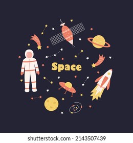 Cosmos doodle is a set of vector illustrations. Icons of space elements rocket cosmonaut stars satellite telescope comet