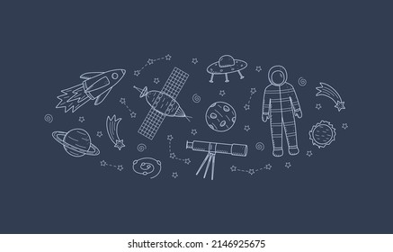 Cosmos doodle is a set of vector illustrations. Frame icons of space elements rocket cosmonaut stars satellite telescope comet