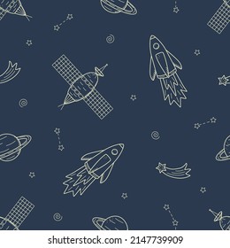 El doodle Cosmos es un conjunto de ilustraciones vectoriales. Iconos de patrón sin fisuras de elementos espaciales rotan estrellas de cosmonauta por satélite telescopio cometa
