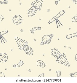 Cosmos doodle is a set of vector illustrations. Seamless pattern icons of space elements rocket cosmonaut stars satellite telescope comet