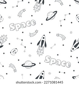 Cosmos doodle is a set of vector illustrations. Seamless pattern icons of space elements rocket cosmonaut stars satellite telescope comet