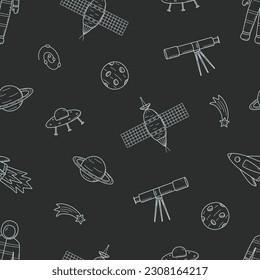 El doodle Cosmos es un conjunto de ilustraciones vectoriales. Iconos de patrón sin fisuras de elementos espaciales rotan estrellas de cosmonauta por satélite telescopio cometa