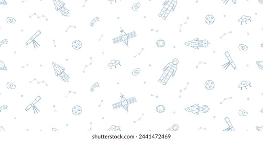 Cosmos doodle es un conjunto de ilustraciones vectoriales. Iconos de patrones sin fisuras de elementos espaciales cohetes cosmonauta estrellas satélite telescopio cometa.