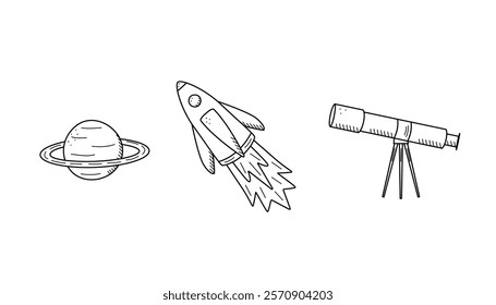 Cosmos doodle set of vector illustrations. Icons of space elements cartoon. Isolate on a white background.