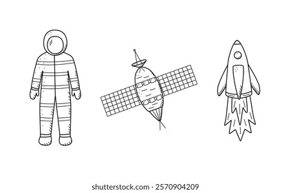 Cosmos doodle set of vector illustrations. Icons of space elements cartoon. Isolate on a white background.