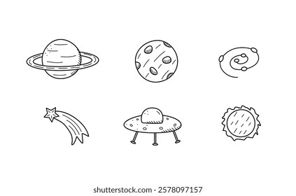 Cosmos doodle set of vector illustrations. Icons of space elements cartoon. Isolate on a white background.