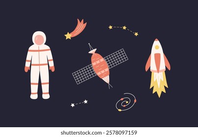 Cosmos doodle is a set of vector illustrations. Icons of space elements rocket cosmonaut stars satellite comet.