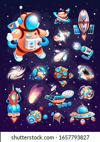 Cosmos elements of cartoon space game. Set on a space theme, including a rockets, planets, aliens, blasters, stars, asteroids, comets, orbital station, galaxies. Vector icons on space background