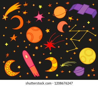 Cosmos elements on black background. Colorful cosmic doodles for design. Hand drawn simple space symbols. Line art. Set of different astronomical signs