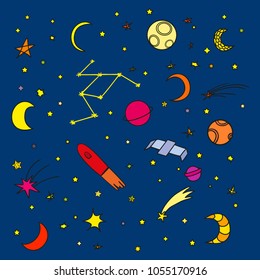 Cosmos elements on dark background. Collection of doodles. Hand drawn simple symbols. Line art. Set of different signs. Abstract illustration for simple design. Art creation