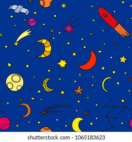 Cosmos elements on dark background. Seamless texture. Hand drawn cosmic symbols. Line art. Different signs. Abstract space illustration for design. Art creation