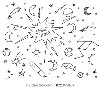 Cosmos elements on isolation background. Collection. Doodles for design. Hand drawn simple symbols. Line art. Set of different signs. Abstract illustration for simple design. Art creation