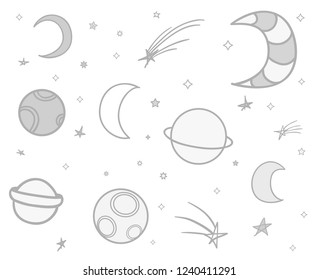 Cosmos elements on isolation background. Collection. Doodles for design on white. Hand drawn simple symbols. Line art. Set of different signs. Abstract illustration for simple design. Art creation