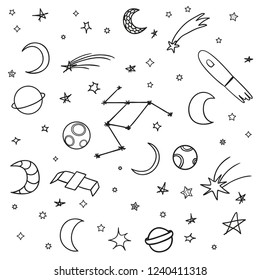 Cosmos elements on isolation background. Collection. Doodles for design on white. Hand drawn simple symbols. Line art. Set of different signs. Abstract illustration for simple design. Art creation