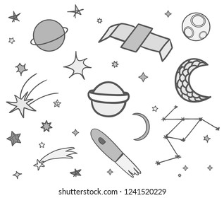 Cosmos elements on isolation background. Collection. Doodles for design on white. Hand drawn simple symbols. Line art. Set of different signs. Abstract illustration for simple design. Art creation