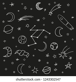 Cosmos elements on isolation background. Collection. Doodles for design on black. Hand drawn simple symbols. Line art. Set of different signs. Abstract illustration for simple design. Art creation
