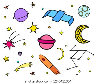 Cosmos elements on white background. Collection. Colorful doodles for design. Hand drawn simple space symbols. Line art. Set of different astronomical signs. Art creation