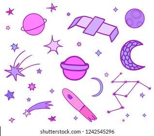 Cosmos elements on white background. Collection. Colorful doodles for design. Hand drawn simple space symbols. Line art. Set of different astronomical signs. Art creation