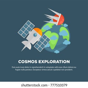 Cosmos exploration advertisement banner with Earth and sattellites