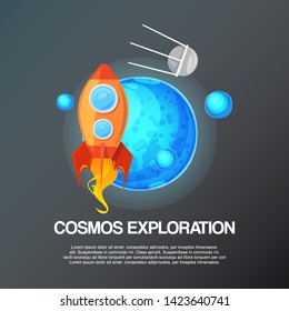 Cosmos exploration banner vector illustration. Spaceship travel to new planets and galaxies. Space trip future technology. Rocket in outer space. Planets with satellite. Shuttle Launch.