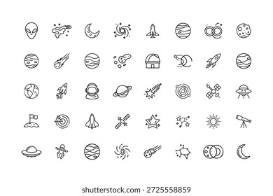 Exploração de Cosmos e descoberta de galáxias coleção de ícones de pictogramas lineares.