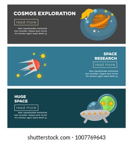 Cosmos exploration and galaxy space research flat vector banners templates