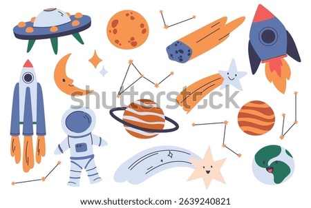 Cosmos exploration, outer space adventure design elements set isolated on white background. Celestial bodies, planets, constellations, rocket, alien ship, falling star cosmonaut vector illustration