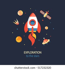 Cosmos Exploration poster. Vector flat outer space poster with rocket in flat style, vector illustration