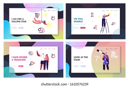 Cosmos Exploration, Scientific Investigation Website Landing Page Set. People Admire Looking on Stars and Constellations at Night Sky, Study Astrology Web Page Banner. Cartoon Flat Vector Illustration