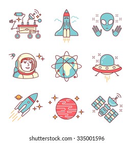 Cosmos exploration sings set. Planets, rockets, lander, satellites and astronaut in helmet. Oh, forgot about alien and his ship. Thin line art icons. Flat style illustrations isolated on white.