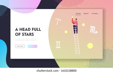 Página de Aterrizaje del Sitio Web Cosmos Exploration, Space Education. La chica se encuentra en Ladder Toma la estrella del cielo entre Aries, Gemini y Scorpio Zodiac Constellations Web Banner. Ilustración de vectores planos