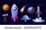 Cosmos exploring set. Vector icon set of outer space adventure with a telescope, rocket, starship, UFO, alien planets, asteroids, and comets. Galaxy landscape banner for web, game design. Space trip