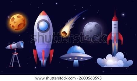 Cosmos exploring set. Vector icon set of outer space adventure with a telescope, rocket, starship, UFO, alien planets, asteroids, and comets. Galaxy landscape banner for web, game design. Space trip