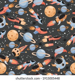 Cosmos exploring vector seamless pattern. Spaceships, constellations, rockets and planets flat illustration isolated on grey background. Outer space, scientific researches background.