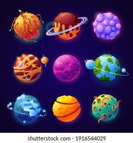 Cosmos with fictional fantasy planets with orbits and satellites. Set of celestial bodies, asteroids or meteors for game design or universe creation. Aliens and outer space. Cartoon vector in flat