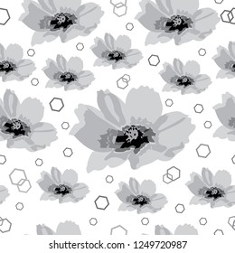 Cosmos Field-Flowers in Bloom seamless repeat pattern Background in Black and White