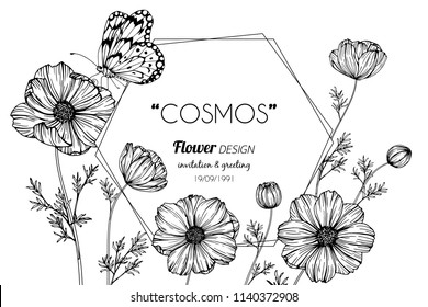 Cosmos flower frame drawing illustration for invitation and greeting card design.
