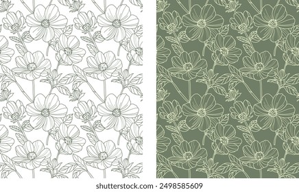 Cosmos flower line art design Seamless pattern for decorating fashion designs, fabrics, wallpapers and prints all on a white and dark background.