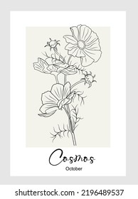 Cosmos flower line art vector illustration. Hand drawn botanical black ink sketch. October birth month flower for wall art, jewelry, tattoo, logo, packaging design.