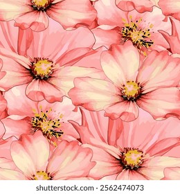 cosmos flower, Pink flowers blossom garden seamless pattern. Pale china pink, deep magenta and cherry red background, wallpaper, template illustration