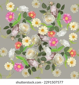 cosmos flower and roses seamless pattern