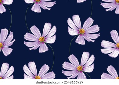 Fondo abstracto del patrón inconsútil de la flor del cosmos. Dibujo de la mano de la Ilustración vectorial. Para la tela, textiles, ropa, Fondo de pantalla, diseño de impresión de patrones.