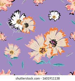 Cosmos flower seamless pattern with beautiful flowers and leaves. Pattern for season fashion design.