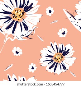 Cosmos Flower Seamless Pattern With Beautiful Flowers And Leaves. Pattern For Summer Fashion Design.