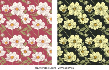 Flor de Cosmos, patrón sin fisuras para decorar diseños de moda, telas, Fondos de pantalla y estampados, todo sobre un fondo oscuro.