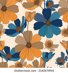 Cosmos flower seamless pattern illustration. Floral seamless pattern blue brown cosmos flowers on beige background. For textile, wallpaper, wrapping paper, print, greeting. 