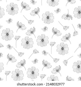 Cosmos flower seamless pattern illustration. Floral seamless pattern with line cosmos flowers on white background. For textile, wallpaper, wrapping paper, print, greeting. 